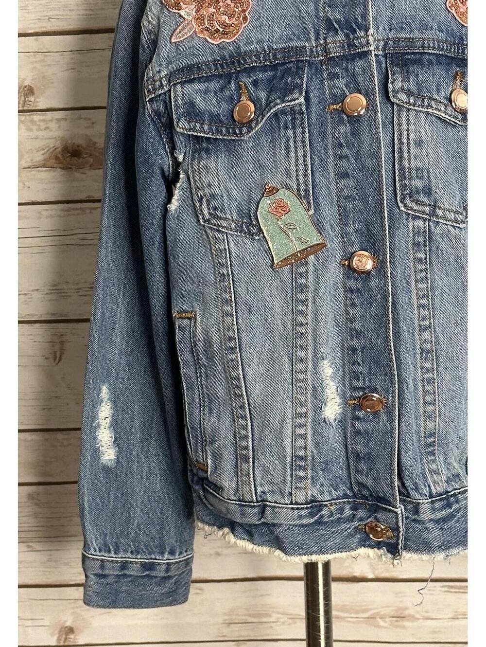 Disney distressed jean jacket Size 7/8 denim medium wash sequin embroidered - Picture 6 of 9